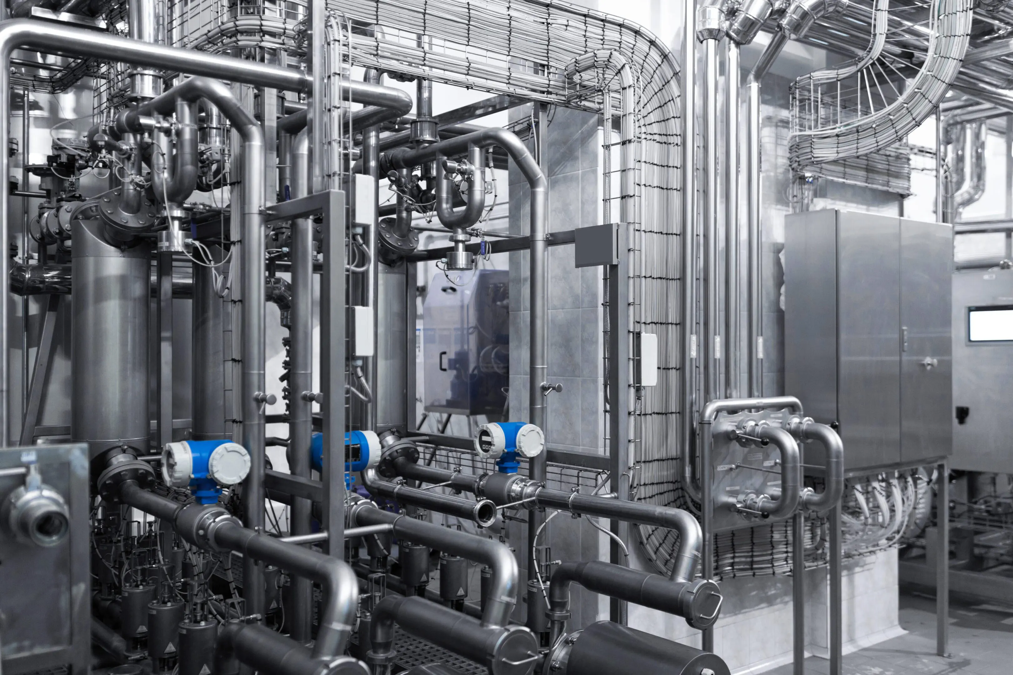 Industrial pipes and valves in a factory setting.