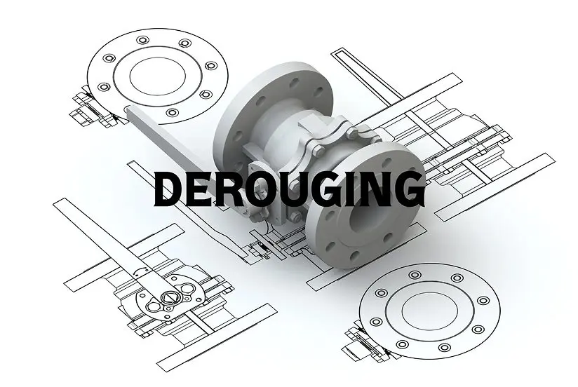 Engineering diagram with derouging text overlay.
