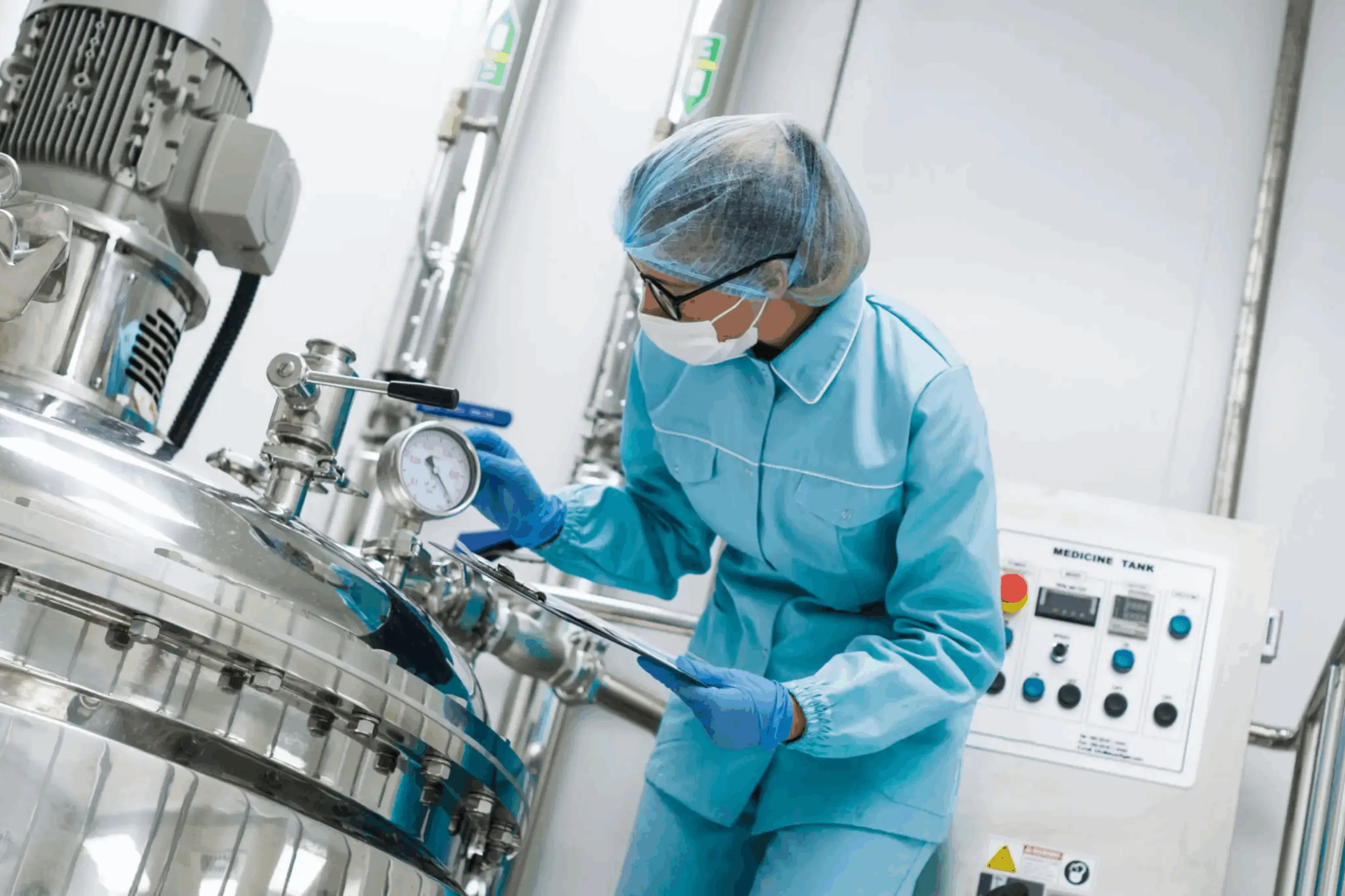 Scientist in protective gear examining equipment in a lab.